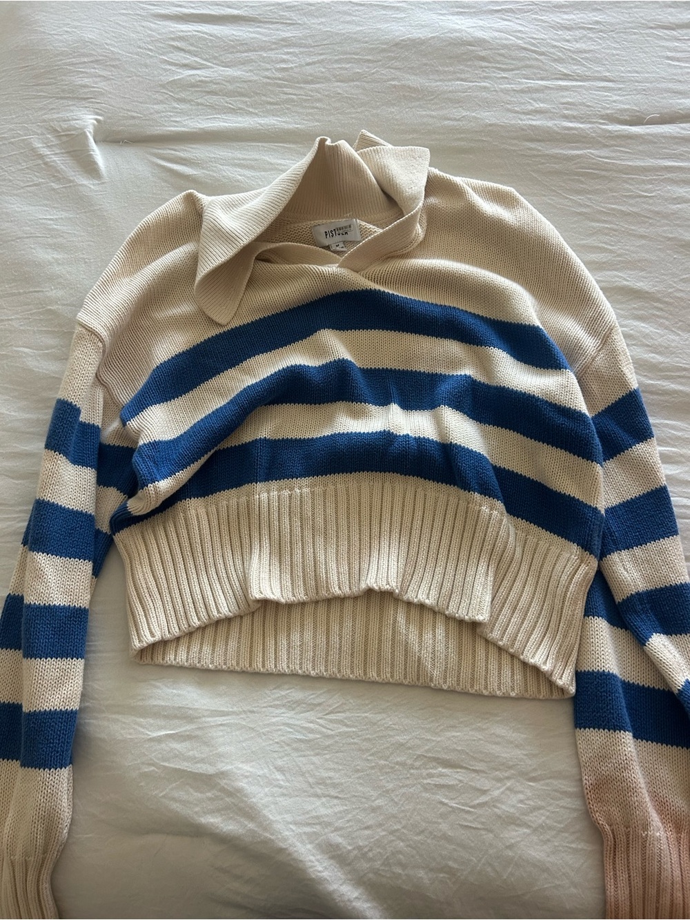 pistola Cream & Blue Striped Cropped Turtleneck Sweater